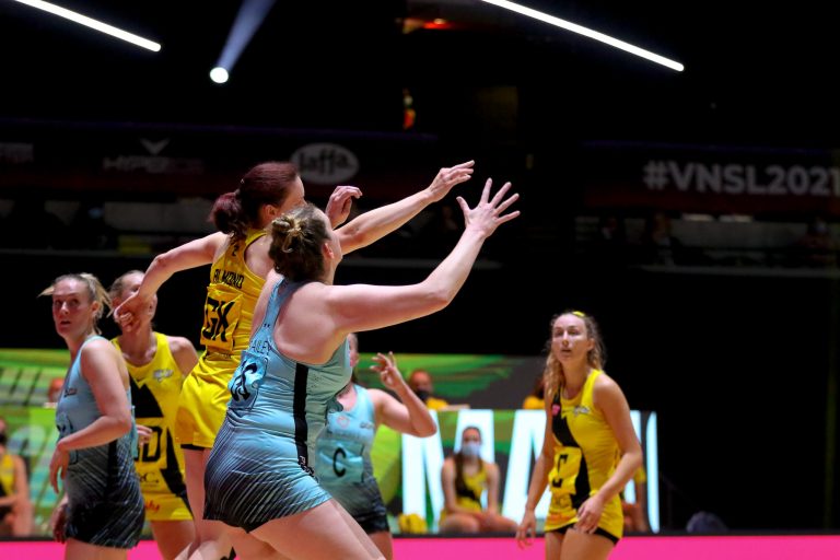 Action shot during Vitality Super League match between Manchester Thunder and Surrey Storm at Copper Box Arena, London, England on 30th May 2021.
