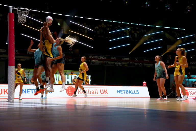 Action shot during Vitality Super League match between Manchester Thunder and Surrey Storm at Copper Box Arena, London, England on 30th May 2021.