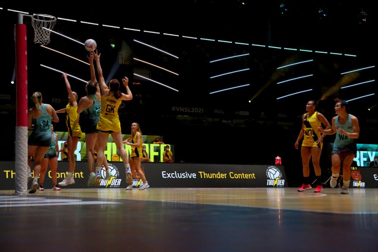 Action shot during Vitality Super League match between Manchester Thunder and Surrey Storm at Copper Box Arena, London, England on 30th May 2021.