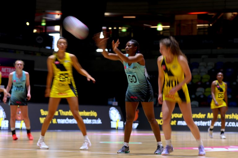 Action shot during Vitality Super League match between Manchester Thunder and Surrey Storm at Copper Box Arena, London, England on 30th May 2021.