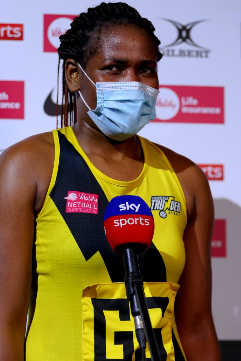 Action shot during Vitality Super League match between Manchester Thunder and Surrey Storm at Copper Box Arena, London, England on 30th May 2021.